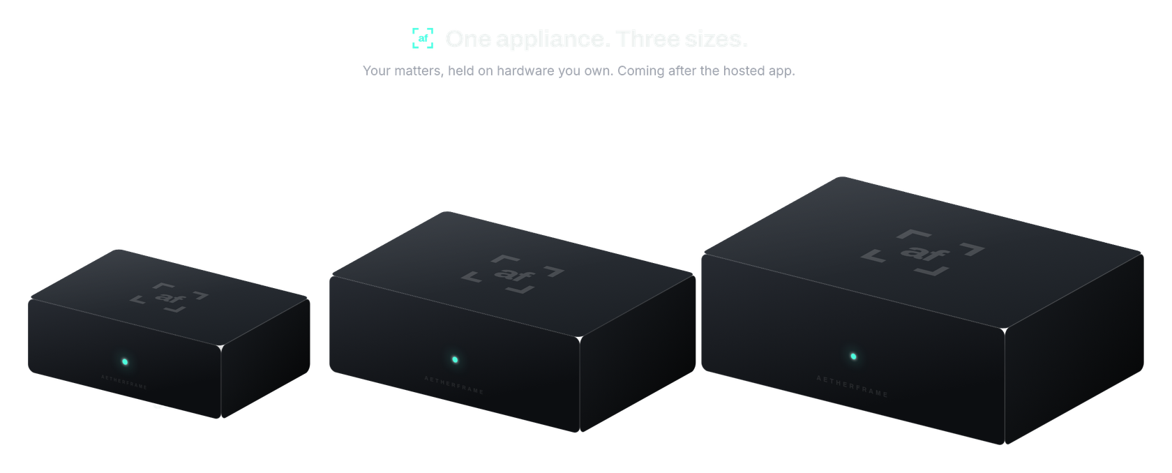 Three matte-black Aetherframe boxes of increasing size on a slate surface.