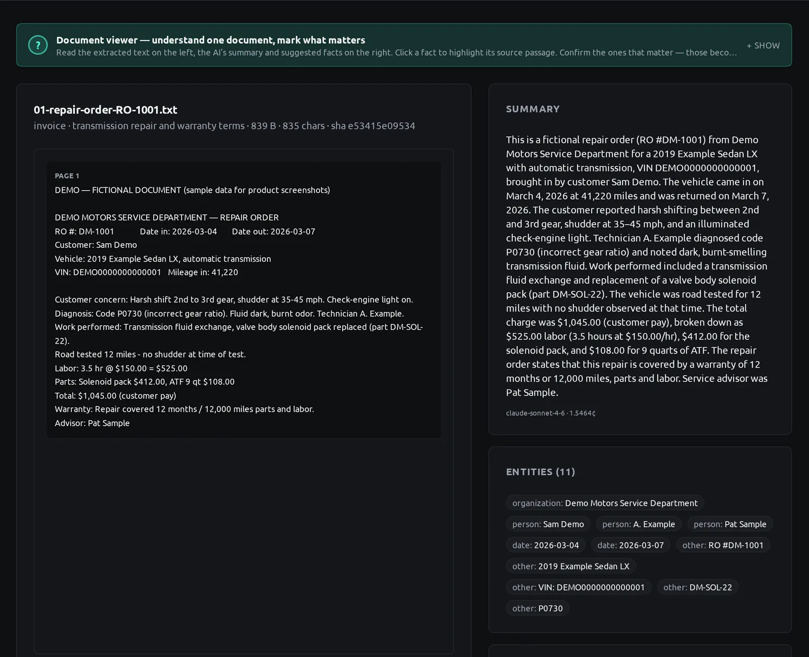 Aetherframe document view of a fictional repair order showing its SHA-256 fingerprint prefix, extracted text, an AI summary and extracted entities.