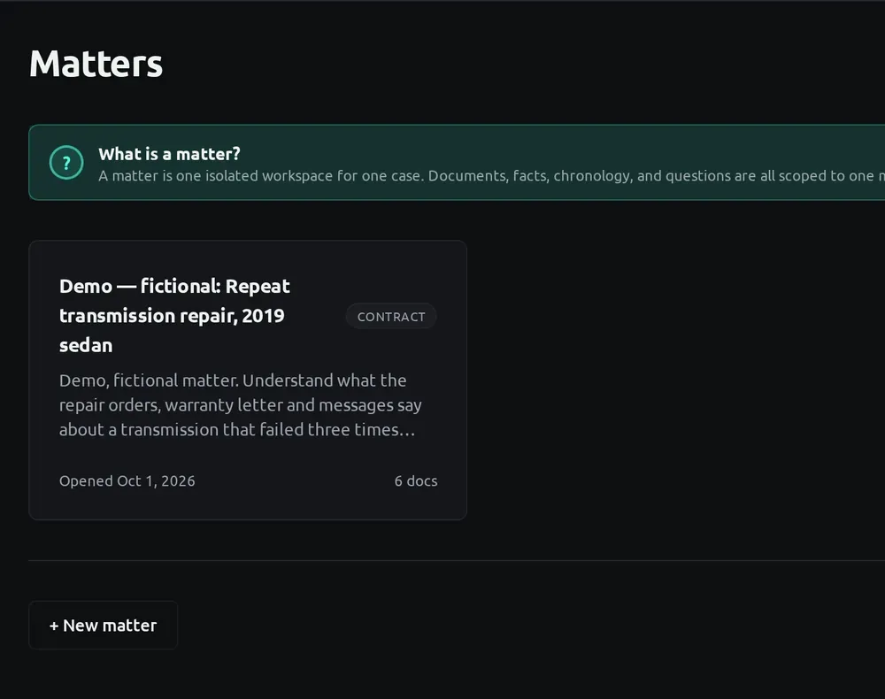 Aetherframe matters list showing a single fictional demo matter card titled "Demo — fictional: Repeat transmission repair, 2019 sedan" with 6 documents.